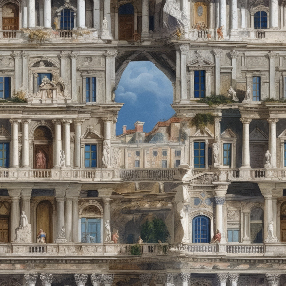 baroque facade, ornate columns, stone building, blue sky, cream colored, beige tones, renaissance style, palatial structure, arched openings, decorative statues, balustrades, multi-story building, architectural details,, fabric panel, grand palace, ivory white, detailed stonework