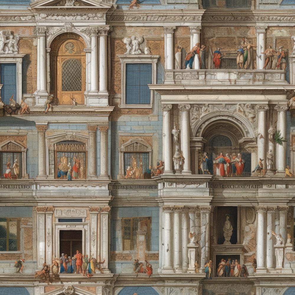 architectural facade, ornate balconies, renaissance style, detailed stonework, cream beige, soft blue, terracotta orange, multi-story building, decorative pediments, carved sculptures,, fabric panel, historical architecture, elaborate details, period illustration
