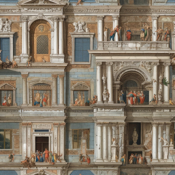 architectural facade, ornate balconies, renaissance style, detailed stonework, cream beige, soft blue, terracotta orange, multi-story building, decorative pediments, carved sculptures,, fabric panel, historical architecture, elaborate details, period illustration