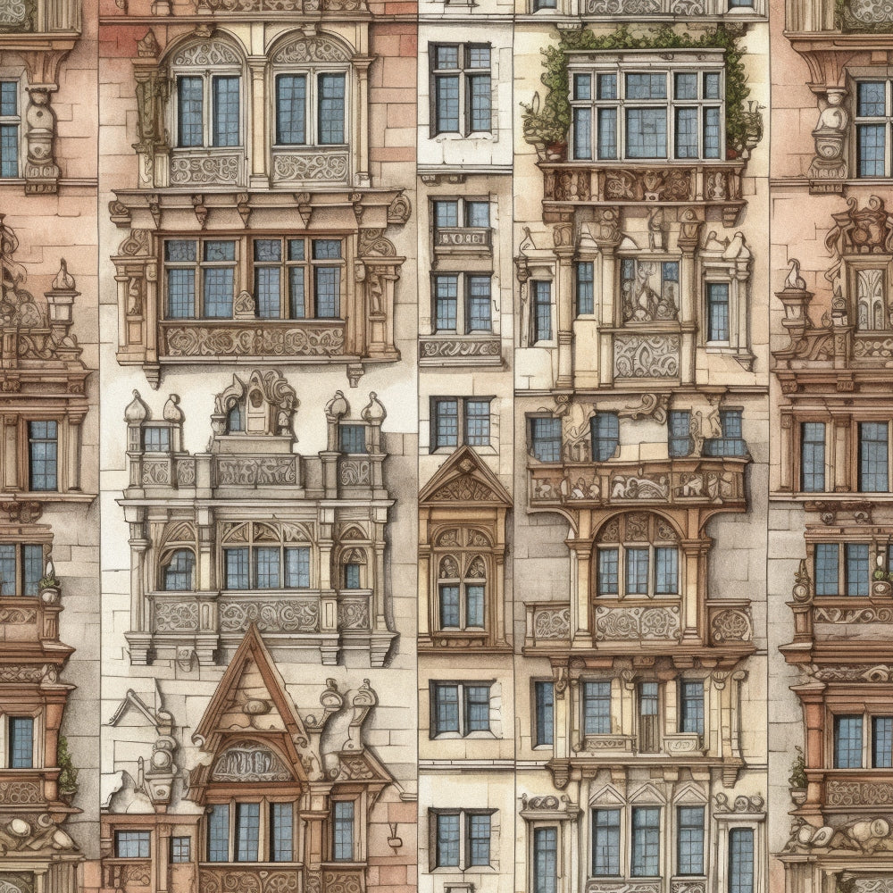 beige, cream, brown, tan, architectural facades, renaissance buildings, ornate windows, decorative balconies, european architecture, detailed stonework, ornamental carvings, repeating pattern, vintage illustration,, fabric panel, historical buildings, intricate details, neutral tones, seamless design