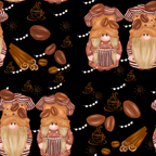 coffee gnomes, brown, black, white, orange, pink, blonde beards, striped hats, coffee beans, cinnamon sticks, coffee cups, whimsical characters, cartoon style, repeating pattern,, fabric panel, cozy theme, coffee theme, gnome figures, decorative swirls, pearl chains