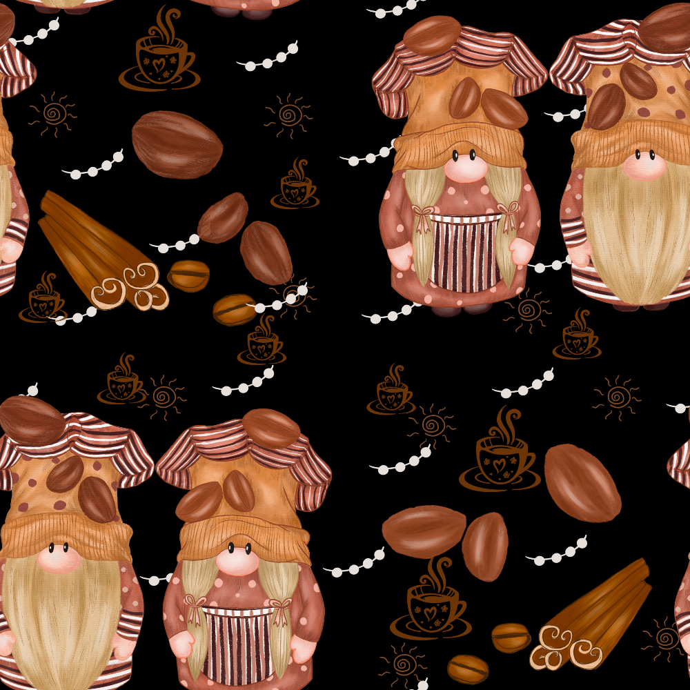 coffee gnomes, brown, black, white, orange, pink, blonde beards, striped hats, coffee beans, cinnamon sticks, coffee cups, whimsical characters, cartoon style, repeating pattern,, fabric panel, cozy theme, coffee theme, gnome figures, decorative swirls, pearl chains