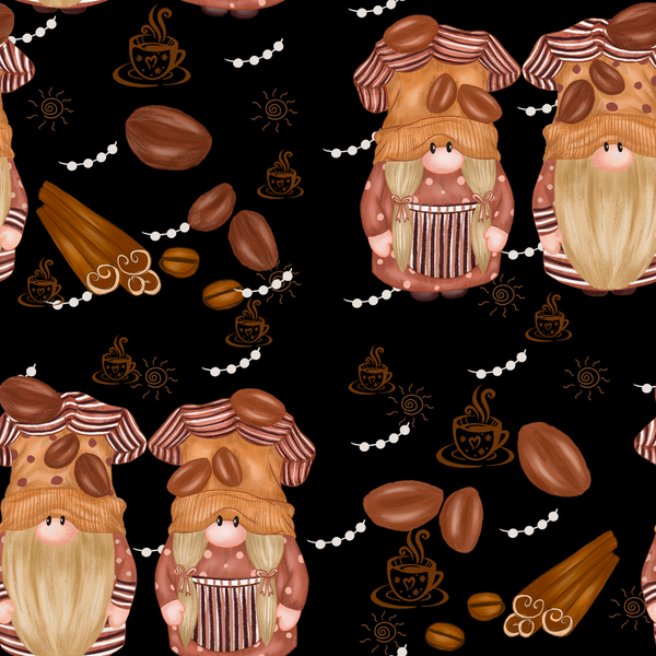 coffee gnomes, brown, black, white, orange, pink, blonde beards, striped hats, coffee beans, cinnamon sticks, coffee cups, whimsical characters, cartoon style, repeating pattern,, fabric panel, cozy theme, coffee theme, gnome figures, decorative swirls, pearl chains