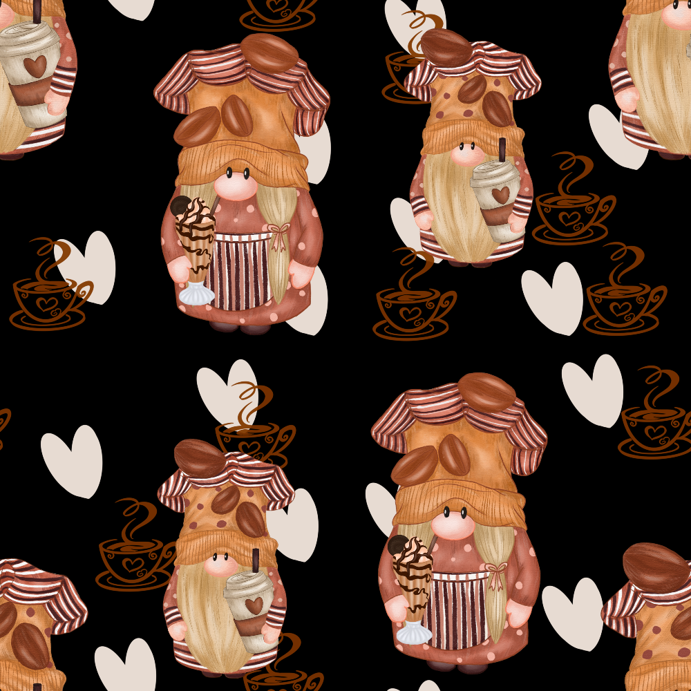 black background, coffee gnomes, blonde bearded gnomes, brown coffee beans, white hearts, coffee cups, striped hats,, fabric panel, coffee theme, gnome characters, cartoon style, cozy pattern, coffee lover, brown tones, pink noses, whimsical design, repeating pattern