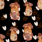 black background, coffee gnomes, blonde bearded gnomes, brown coffee beans, white hearts, coffee cups, striped hats,, fabric panel, coffee theme, gnome characters, cartoon style, cozy pattern, coffee lover, brown tones, pink noses, whimsical design, repeating pattern