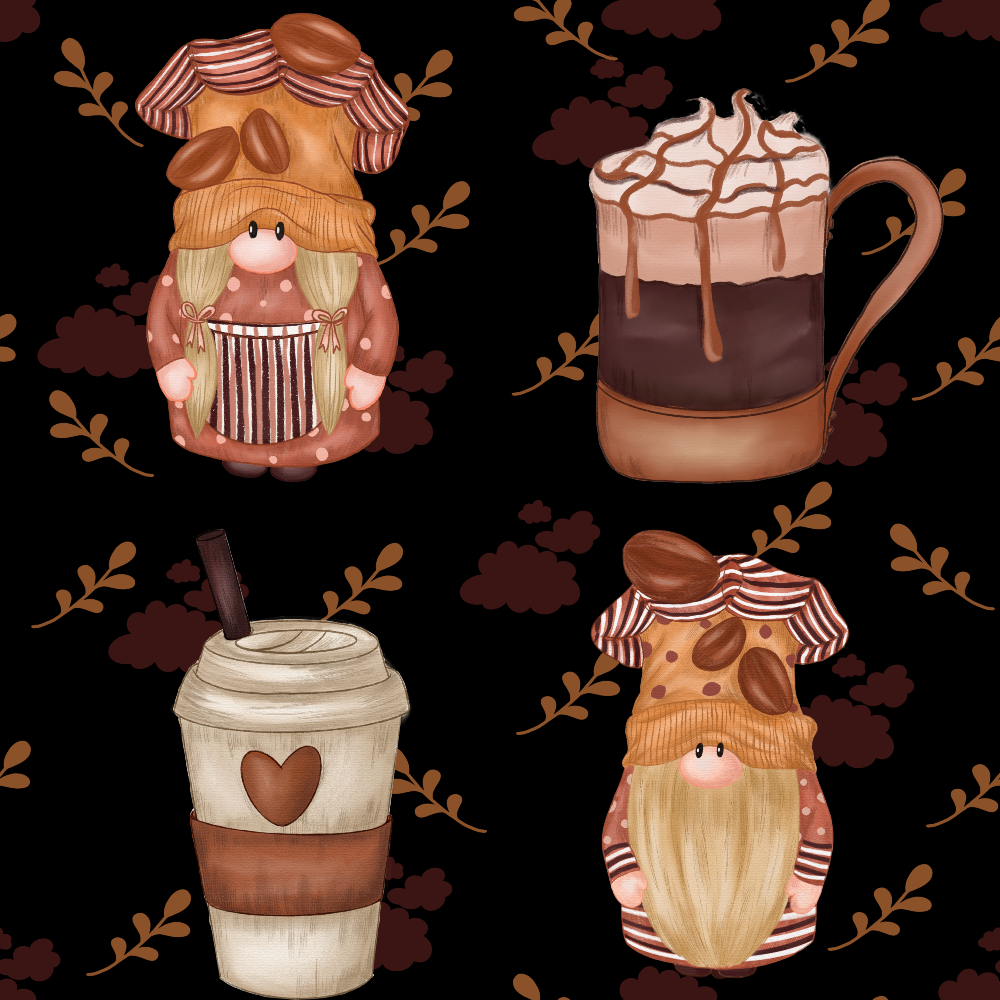 coffee gnomes, brown tones, beige, cream, burgundy, orange leaves, autumn foliage, whimsical characters, cute gnomes, coffee cups, hot chocolate, striped hats, long beards, polka dots, heart motifs,, fabric panel, cozy aesthetic, fall themed, beverage motifs, kawaii style