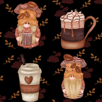 coffee gnomes, brown tones, beige, cream, burgundy, orange leaves, autumn foliage, whimsical characters, cute gnomes, coffee cups, hot chocolate, striped hats, long beards, polka dots, heart motifs,, fabric panel, cozy aesthetic, fall themed, beverage motifs, kawaii style