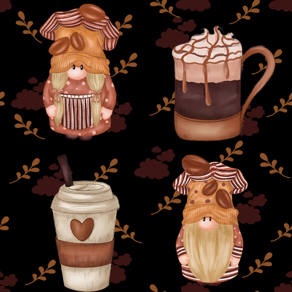 coffee gnomes, brown tones, beige, cream, burgundy, orange leaves, autumn foliage, whimsical characters, cute gnomes, coffee cups, hot chocolate, striped hats, long beards, polka dots, heart motifs,, fabric panel, cozy aesthetic, fall themed, beverage motifs, kawaii style