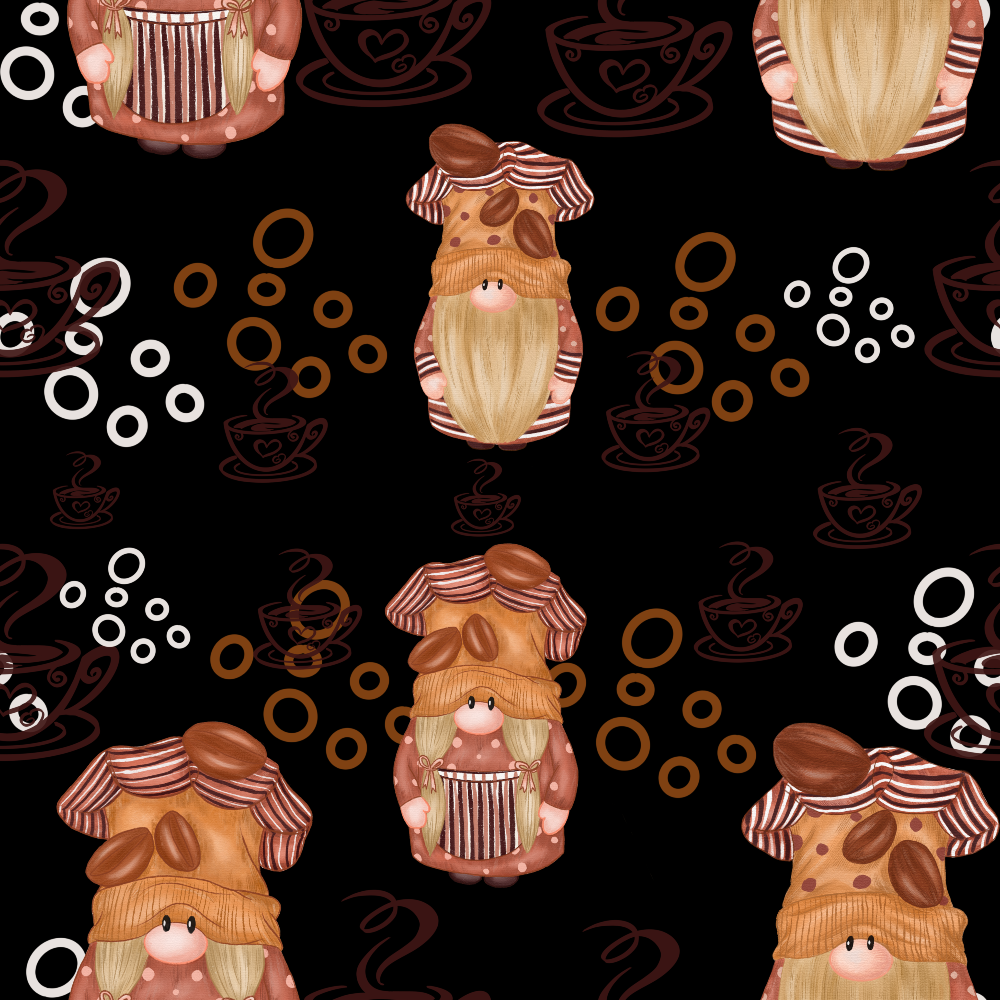 coffee gnomes, black background, brown tones, beige hats, coffee beans, steaming cups, circular dots, whimsical characters, nordic gnomes, coffee theme,, fabric panel, repeating pattern, cartoon style, coffee cups, blonde beards, striped details, kitchen theme, beverage motif, crafting fabric