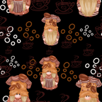 coffee gnomes, black background, brown tones, beige hats, coffee beans, steaming cups, circular dots, whimsical characters, nordic gnomes, coffee theme,, fabric panel, repeating pattern, cartoon style, coffee cups, blonde beards, striped details, kitchen theme, beverage motif, crafting fabric