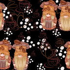 coffee gnomes, brown tones, burgundy red, cream white, blonde beards, striped hats, polka dots, coffee cups, steaming mugs, whimsical characters, scandinavian gnomes, black background,, fabric panel, coffee theme, cute illustration, repeating pattern, winter gnomes, cozy mood, craft fabric