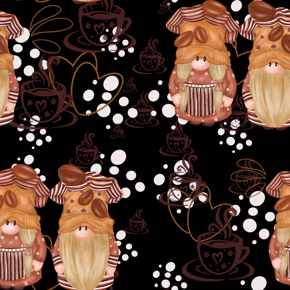coffee gnomes, brown tones, burgundy red, cream white, blonde beards, striped hats, polka dots, coffee cups, steaming mugs, whimsical characters, scandinavian gnomes, black background,, fabric panel, coffee theme, cute illustration, repeating pattern, winter gnomes, cozy mood, craft fabric