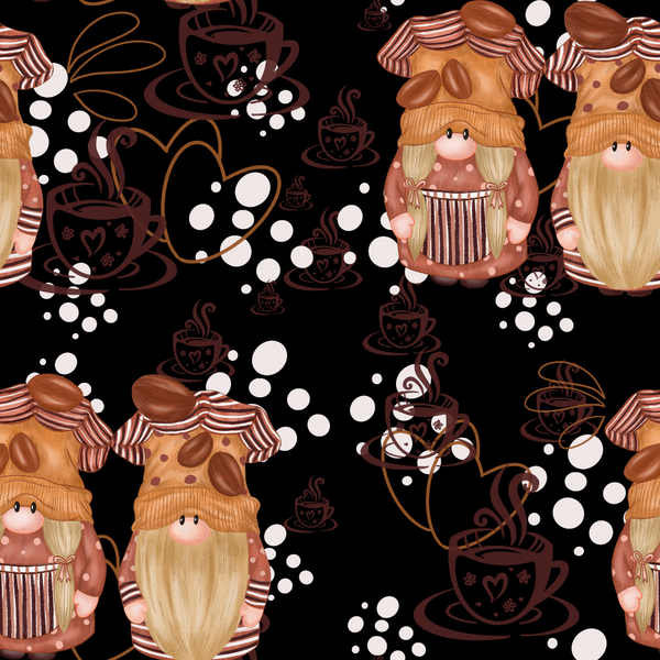 coffee gnomes, brown tones, burgundy red, cream white, blonde beards, striped hats, polka dots, coffee cups, steaming mugs, whimsical characters, scandinavian gnomes, black background,, fabric panel, coffee theme, cute illustration, repeating pattern, winter gnomes, cozy mood, craft fabric