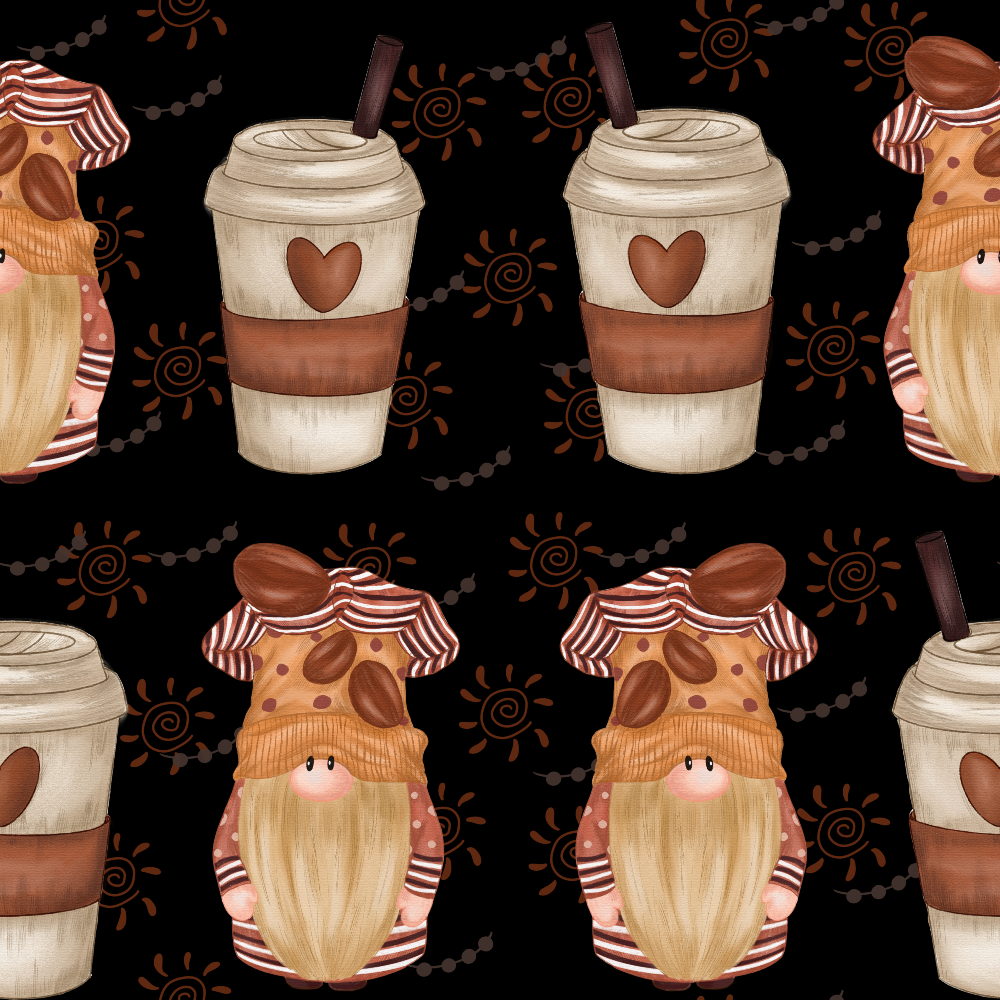 coffee gnomes, beige, brown, orange, black background, repeating pattern, whimsical characters, coffee cups, heart motifs, striped hats, long beards,, fabric panel, cozy aesthetic, cartoon style, coffee beans, warm tones, geometric swirls, dotted chains, cheerful gnomes
