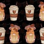 coffee gnomes, beige, brown, orange, black background, repeating pattern, whimsical characters, coffee cups, heart motifs, striped hats, long beards,, fabric panel, cozy aesthetic, cartoon style, coffee beans, warm tones, geometric swirls, dotted chains, cheerful gnomes