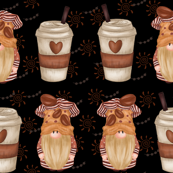 coffee gnomes, beige, brown, orange, black background, repeating pattern, whimsical characters, coffee cups, heart motifs, striped hats, long beards,, fabric panel, cozy aesthetic, cartoon style, coffee beans, warm tones, geometric swirls, dotted chains, cheerful gnomes