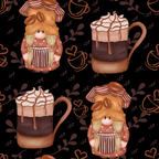 brown, coffee, tan, cream, black, gnomes, whimsical characters, coffee mugs, coffee beans, botanical leaves, heart motifs, layered drinks, whipped cream, drizzle patterns, cute illustration, cozy theme,, fabric panel, coffee themed, autumn colors