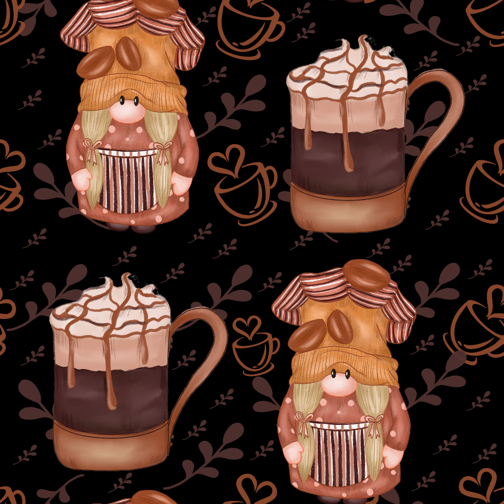 brown, coffee, tan, cream, black, gnomes, whimsical characters, coffee mugs, coffee beans, botanical leaves, heart motifs, layered drinks, whipped cream, drizzle patterns, cute illustration, cozy theme,, fabric panel, coffee themed, autumn colors