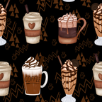 coffee cups, brown tones, black background, geometric patterns, zigzag designs, triangular shapes, heart motifs, whipped cream, coffee beverages, latte art, takeaway cups, ceramic mugs,, fabric panel, coffee theme, warm colors, cream swirls, beverage illustrations, modern art style, café inspired