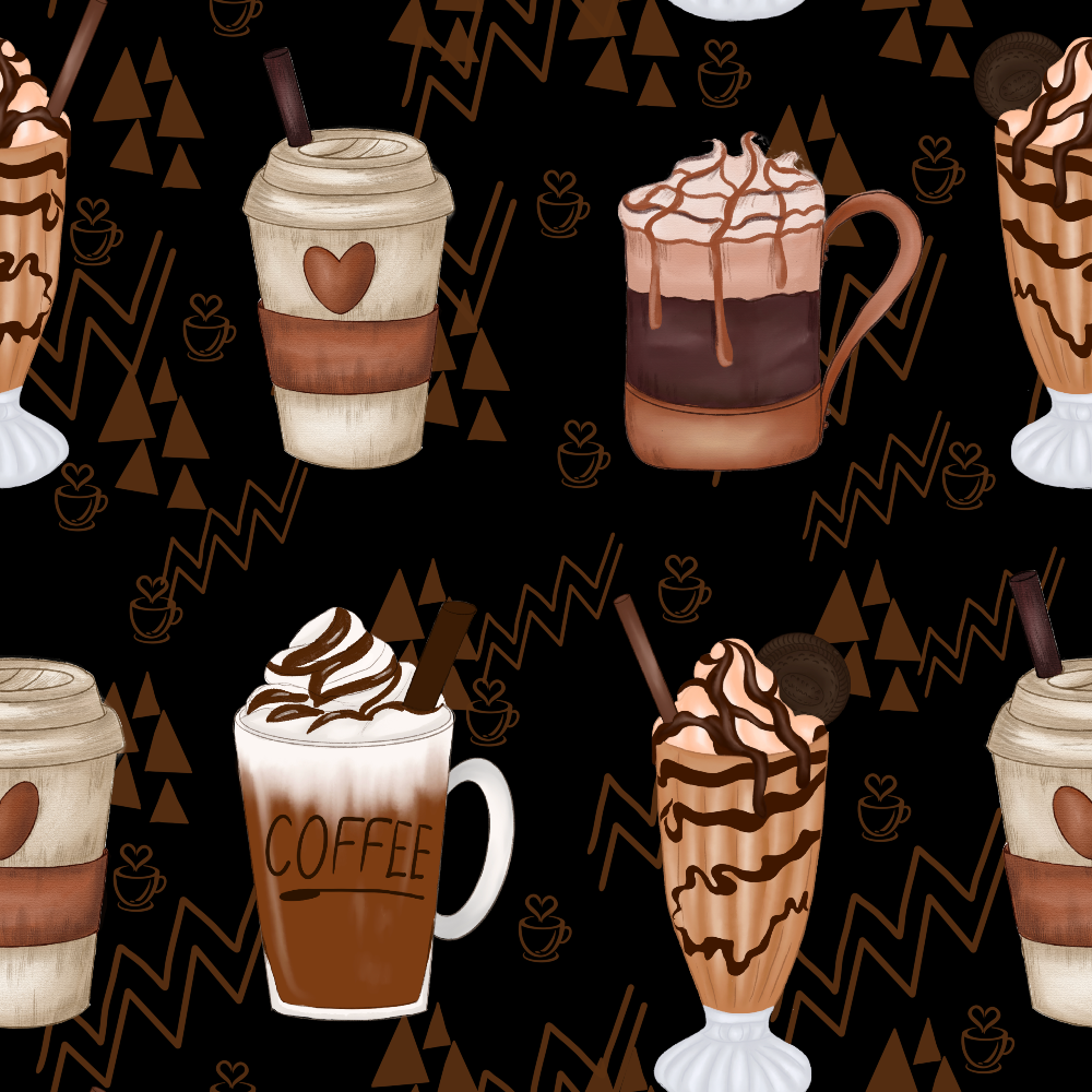 coffee cups, brown tones, black background, geometric patterns, zigzag designs, triangular shapes, heart motifs, whipped cream, coffee beverages, latte art, takeaway cups, ceramic mugs,, fabric panel, coffee theme, warm colors, cream swirls, beverage illustrations, modern art style, café inspired