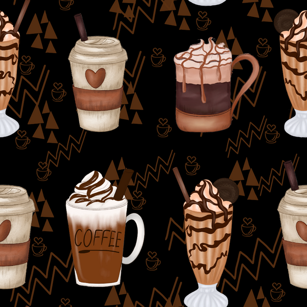 coffee cups, brown tones, black background, geometric patterns, zigzag designs, triangular shapes, heart motifs, whipped cream, coffee beverages, latte art, takeaway cups, ceramic mugs,, fabric panel, coffee theme, warm colors, cream swirls, beverage illustrations, modern art style, café inspired