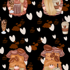 coffee gnomes,, fabric panel, black background, brown tones, beige accents, pink blush, striped aprons, coffee cups, coffee beans, whimsical characters, nordic gnomes, heart motifs, steam swirls, cute illustration, cozy theme, coffee lover, autumn colors, repeating pattern, kawaii style