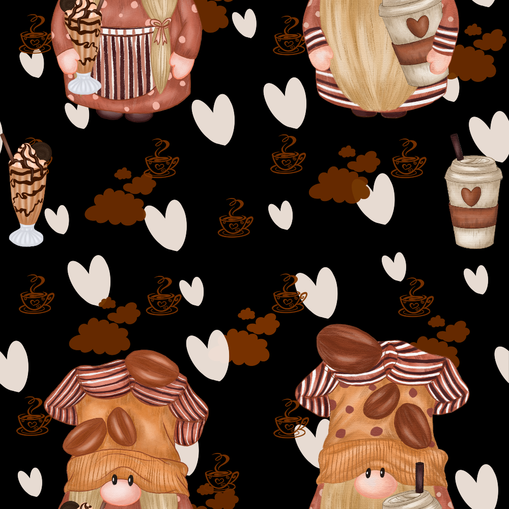 coffee gnomes,, fabric panel, black background, brown tones, beige accents, pink blush, striped aprons, coffee cups, coffee beans, whimsical characters, nordic gnomes, heart motifs, steam swirls, cute illustration, cozy theme, coffee lover, autumn colors, repeating pattern, kawaii style
