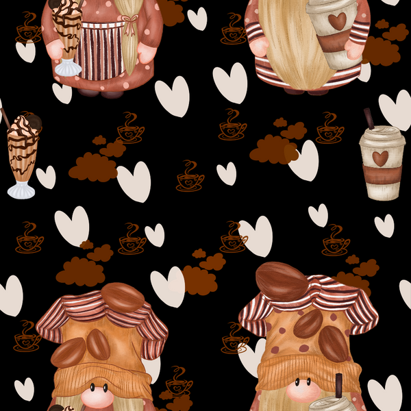 coffee gnomes,, fabric panel, black background, brown tones, beige accents, pink blush, striped aprons, coffee cups, coffee beans, whimsical characters, nordic gnomes, heart motifs, steam swirls, cute illustration, cozy theme, coffee lover, autumn colors, repeating pattern, kawaii style