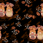 coffee gnomes, black background, brown tones, orange accents, white circles, coffee beans, steaming cups, blonde beards, striped hats,, fabric panel, whimsical characters, coffee theme, repeating pattern, cozy mood, autumn colors, gnome figures, coffee motifs, decorative swirls, warm palette