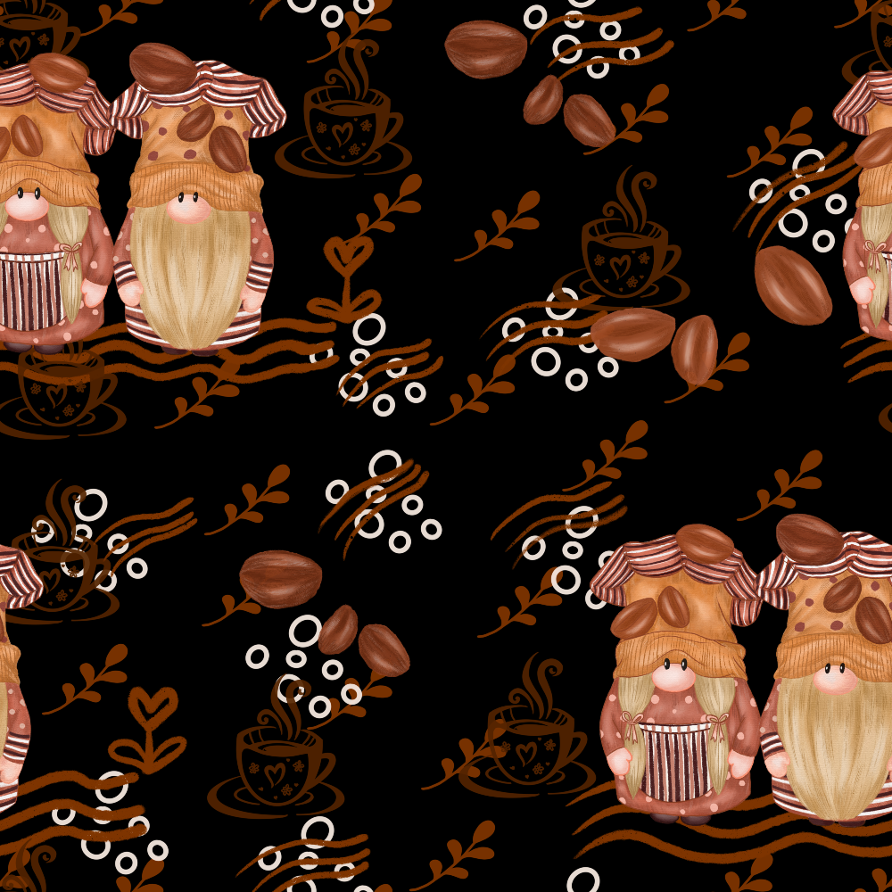 coffee gnomes, black background, brown tones, orange accents, white circles, coffee beans, steaming cups, blonde beards, striped hats,, fabric panel, whimsical characters, coffee theme, repeating pattern, cozy mood, autumn colors, gnome figures, coffee motifs, decorative swirls, warm palette