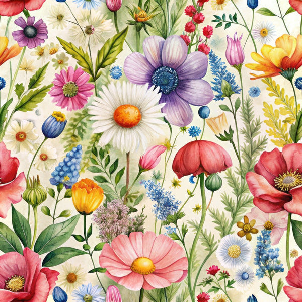 wildflowers, floral pattern, watercolor style, purple flowers, pink blooms, white daisies, blue blossoms, yellow flowers, red poppies, orange centers, green foliage, botanical design, meadow flowers, spring blooms,, fabric panel, whimsical style, nature motifs, garden flowers, colorful florals