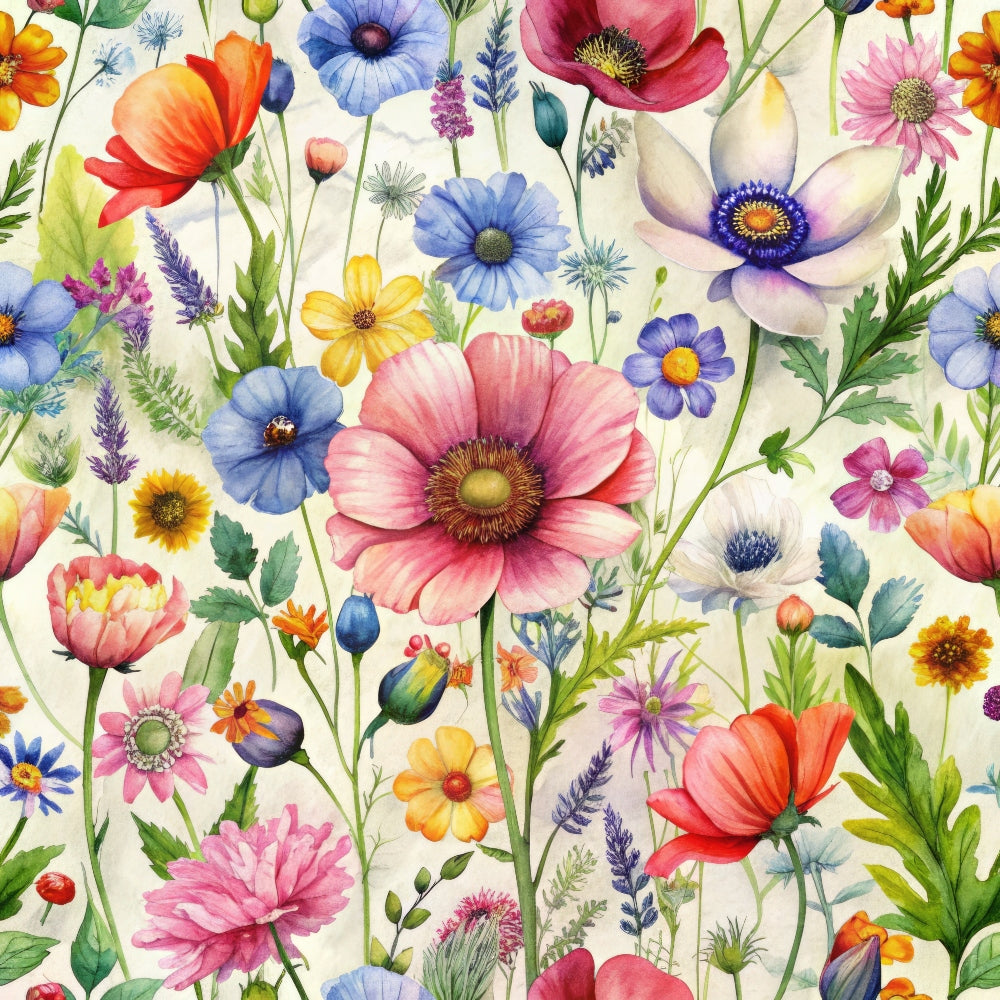 wildflowers, floral pattern, pink poppies, blue flowers, yellow blooms, orange petals, purple lavender, green stems, white background, botanical design, meadow flowers, spring blossoms, watercolor style,, fabric panel, delicate florals, nature motif, garden flowers, colorful blooms, whimsical pattern