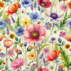 wildflowers, floral pattern, pink poppies, blue flowers, yellow blooms, orange petals, purple lavender, green stems, white background, botanical design, meadow flowers, spring blossoms, watercolor style,, fabric panel, delicate florals, nature motif, garden flowers, colorful blooms, whimsical pattern