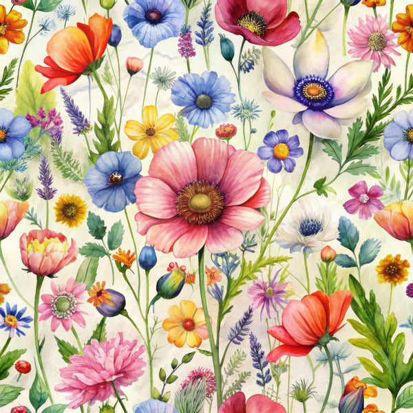 wildflowers, floral pattern, pink poppies, blue flowers, yellow blooms, orange petals, purple lavender, green stems, white background, botanical design, meadow flowers, spring blossoms, watercolor style,, fabric panel, delicate florals, nature motif, garden flowers, colorful blooms, whimsical pattern