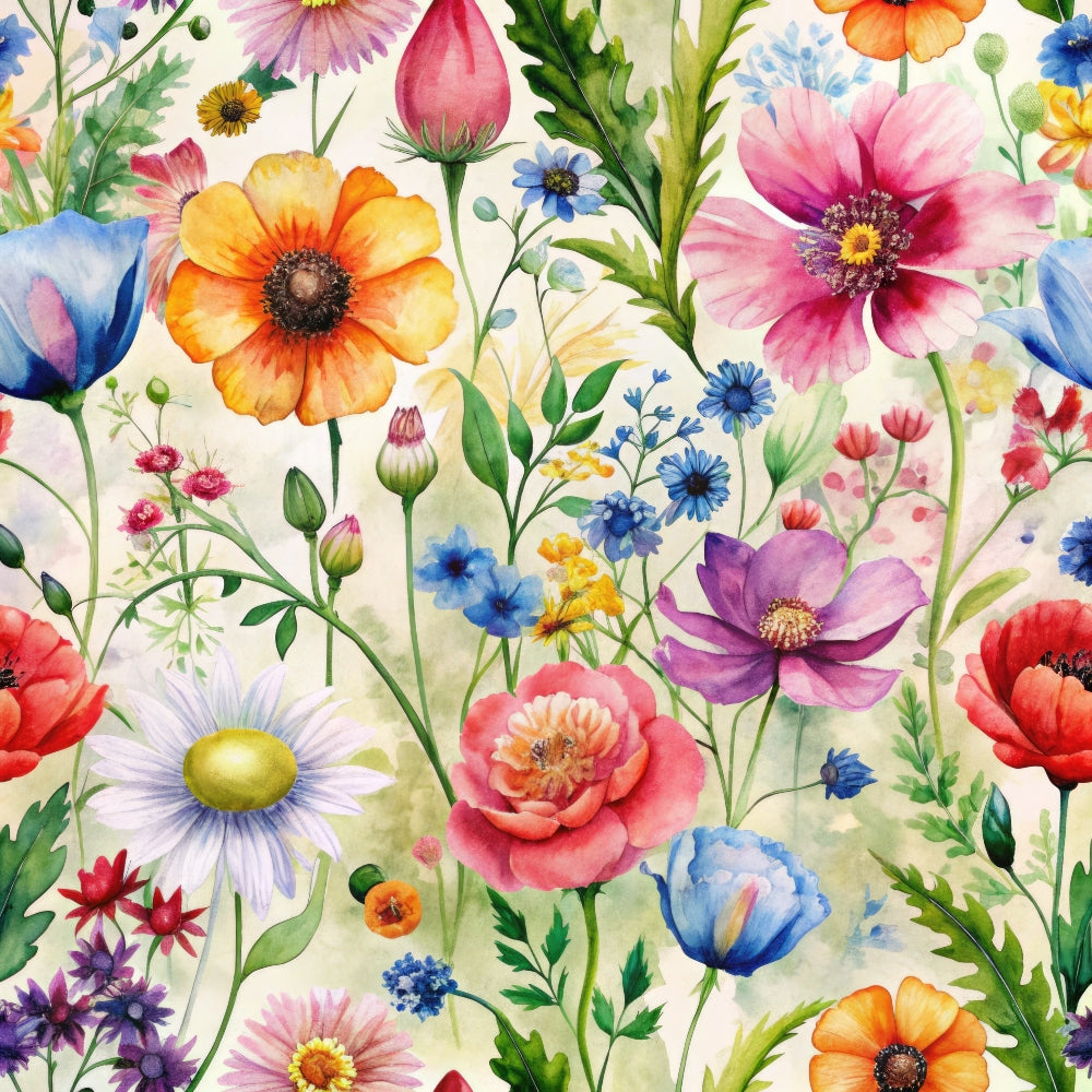 watercolor wildflowers, botanical pattern, floral design,, fabric panel, pink flowers, blue blossoms, orange petals, purple blooms, yellow centers, green stems, leaves, meadow flowers, poppies, daisies, cornflowers, delicate artwork, spring garden, nature motifs, whimsical florals