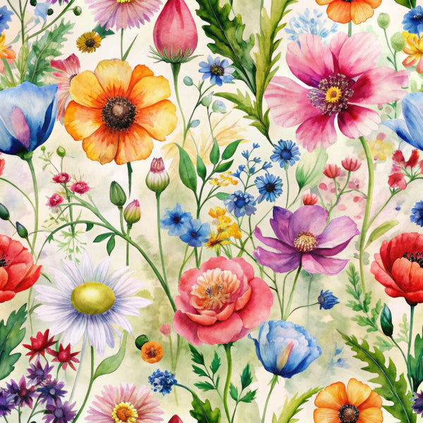 watercolor wildflowers, botanical pattern, floral design,, fabric panel, pink flowers, blue blossoms, orange petals, purple blooms, yellow centers, green stems, leaves, meadow flowers, poppies, daisies, cornflowers, delicate artwork, spring garden, nature motifs, whimsical florals