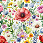 colorful wildflowers, floral pattern, coral pink, lavender purple, sky blue, yellow blooms, white daisies, green leaves, botanical design, watercolor style, spring flowers, meadow motif,, fabric panel, nature inspired, cheerful mood, mixed florals, garden theme, soft pastels, whimsical illustration