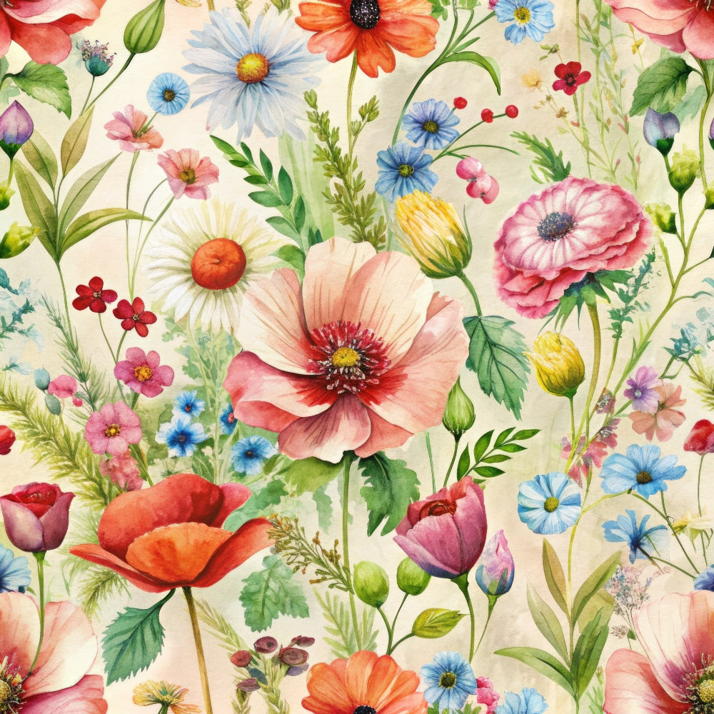wildflowers, floral pattern, botanical design, poppies, daisies, watercolor style, pink flowers, blue flowers, orange blooms, red petals, green leaves, cream background, meadow flowers, spring garden,, fabric panel, delicate florals, nature motif, soft pastels, whimsical blooms
