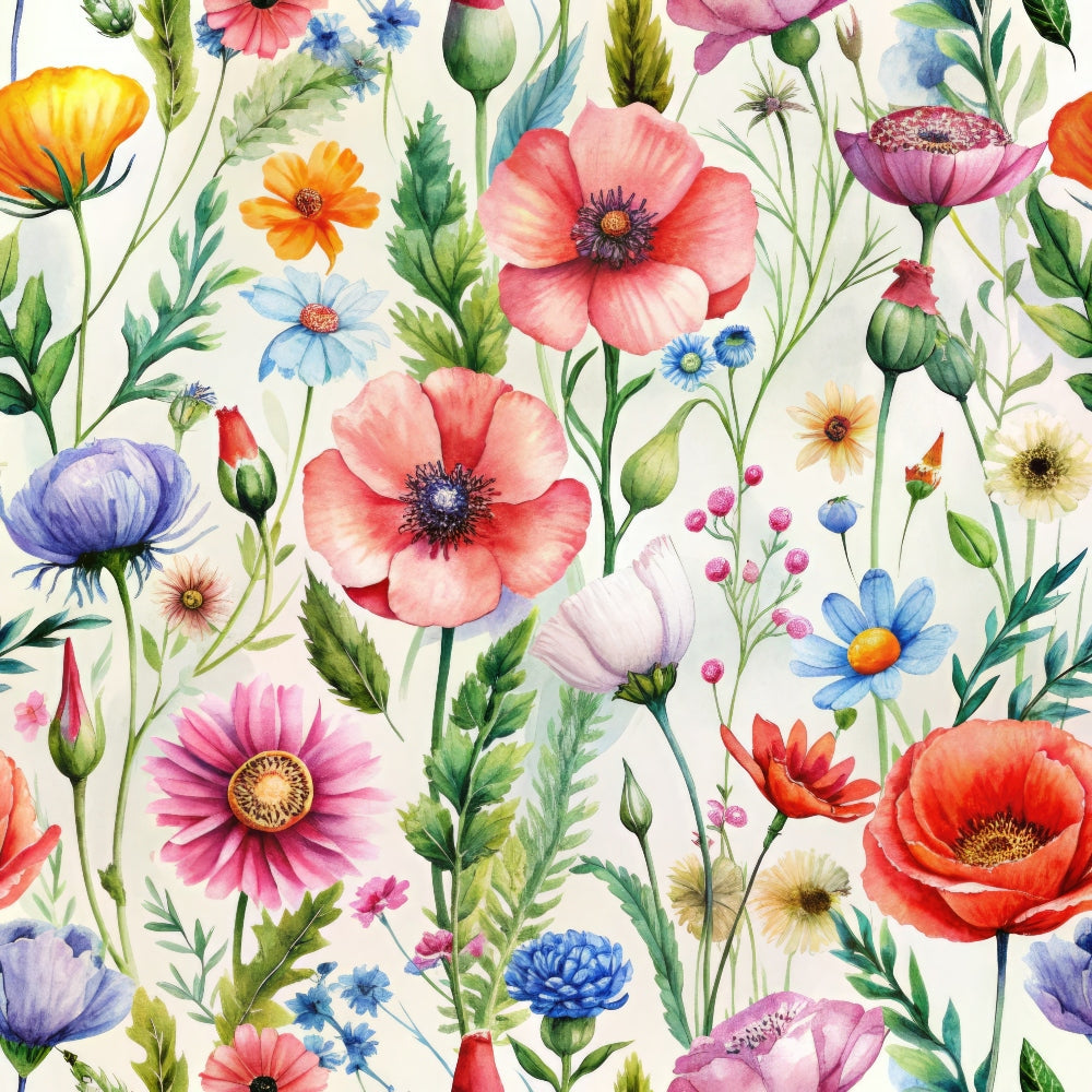 wildflowers, botanical pattern, pink poppies, blue daisies, orange cosmos, purple flowers, coral blooms, yellow petals, green stems, watercolor style, floral meadow, spring blooms,, fabric panel, delicate florals, garden flowers, soft pastels, whimsical design, nature motifs, cotton fabric
