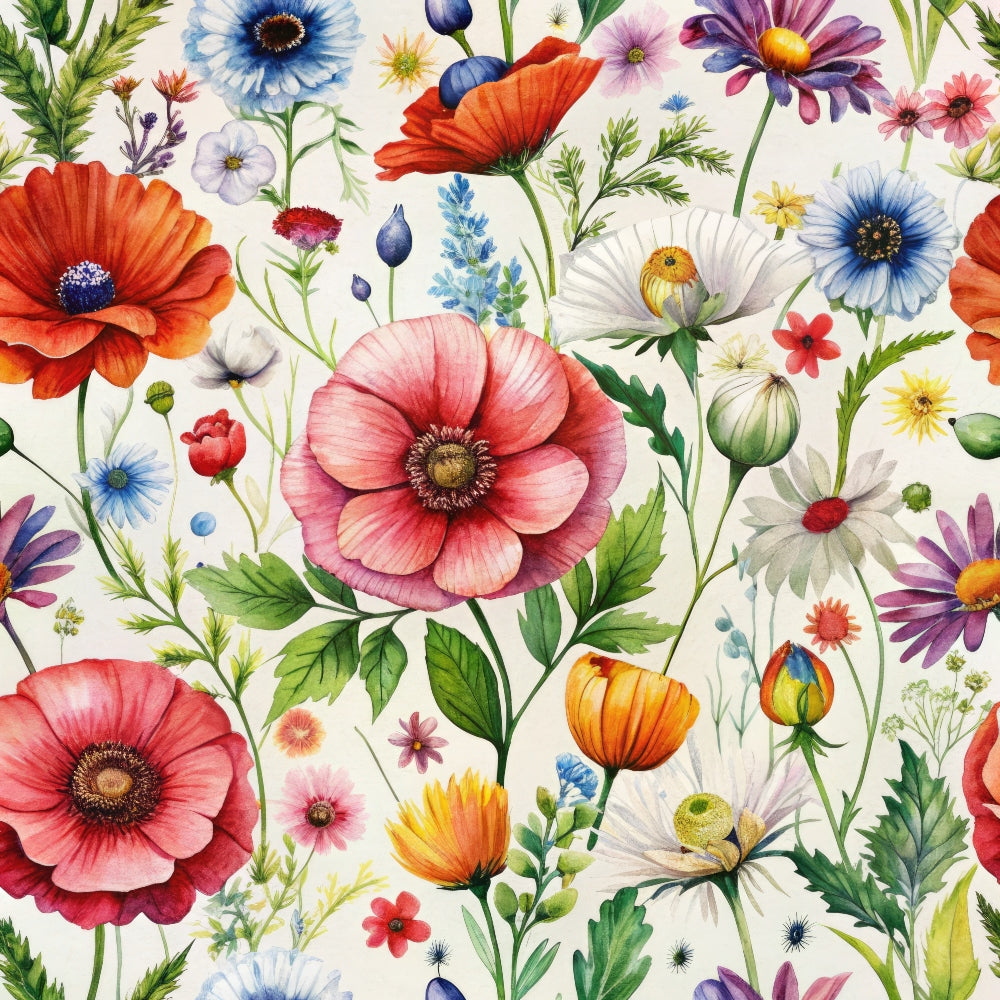 wildflowers, floral pattern, botanical design, pink poppies, orange blooms, blue daisies, purple flowers, white petals, red blossoms, yellow centers, green leaves, stems, buds, watercolor style, meadow flowers, spring blooms,, fabric panel, nature motifs, delicate artwork