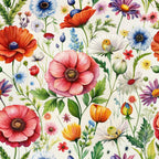 wildflowers, floral pattern, botanical design, pink poppies, orange blooms, blue daisies, purple flowers, white petals, red blossoms, yellow centers, green leaves, stems, buds, watercolor style, meadow flowers, spring blooms,, fabric panel, nature motifs, delicate artwork
