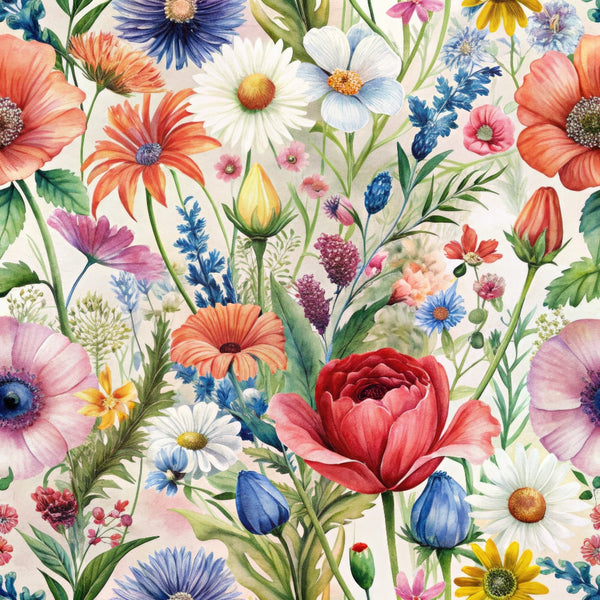 wildflowers, floral pattern, coral, navy blue, pink, white, yellow, purple, botanical design, daisies, poppies, meadow flowers, watercolor style, spring blooms,, fabric panel, bright colors, garden flowers, delicate petals, cheerful mood