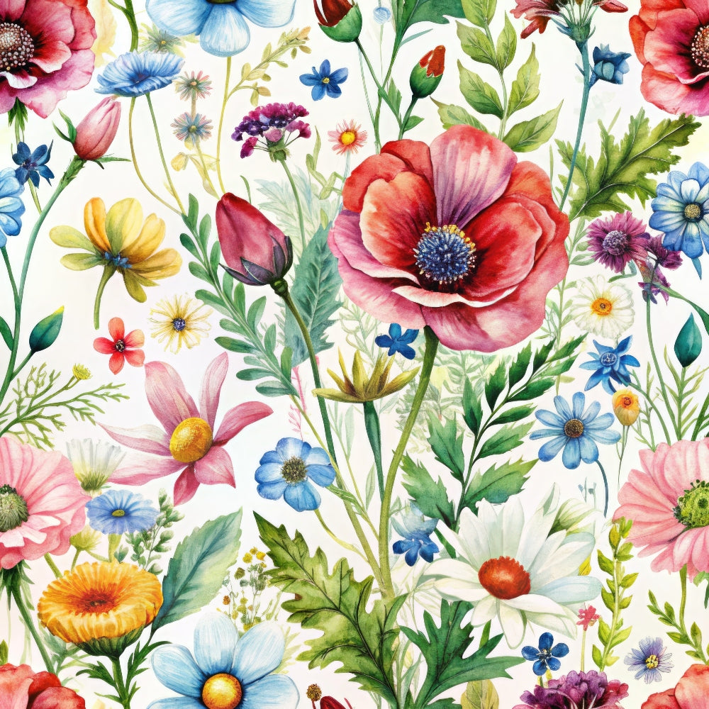 wildflowers, floral pattern, pink poppies, blue flowers, yellow blooms, coral red, purple blossoms, botanical design, watercolor style, garden flowers,, fabric panel, spring blooms, meadow flowers, delicate petals, green foliage, white background, nature motifs, cottage core, whimsical florals