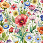 wildflowers, floral pattern, watercolor style, coral red, sky blue, orange, purple, pink, yellow, green leaves, poppies, daisies, tulips, lavender, botanical design, spring flowers, meadow flowers,, fabric panel, whimsical, delicate blooms, nature inspired, soft pastels, vibrant colors