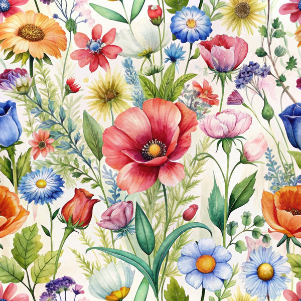 wildflowers, floral pattern, watercolor style, coral red, sky blue, orange, purple, pink, yellow, green leaves, poppies, daisies, tulips, lavender, botanical design, spring flowers, meadow flowers,, fabric panel, whimsical, delicate blooms, nature inspired, soft pastels, vibrant colors