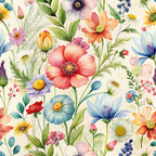 wildflowers, floral pattern, botanical design, coral pink, sky blue, lavender purple, sunny yellow, orange blooms, green leaves, watercolor style, delicate petals, garden flowers, meadow scene, spring theme,, fabric panel, soft pastels, nature motifs, whimsical florals, cottage core