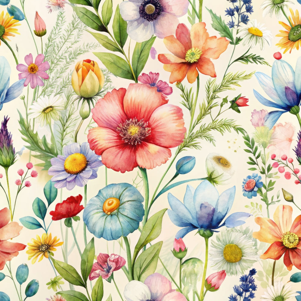 wildflowers, floral pattern, botanical design, coral pink, sky blue, lavender purple, sunny yellow, orange blooms, green leaves, watercolor style, delicate petals, garden flowers, meadow scene, spring theme,, fabric panel, soft pastels, nature motifs, whimsical florals, cottage core