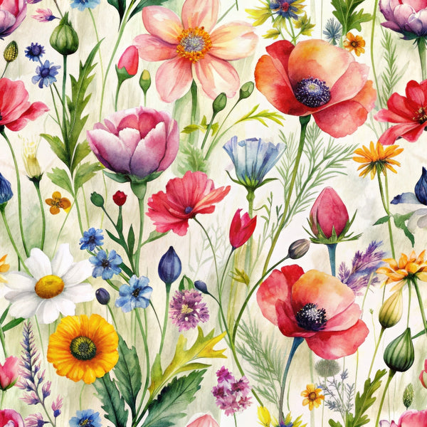 wildflowers, poppies, daisies, cornflowers, botanical pattern, watercolor style, pink flowers, red blooms, blue petals, yellow centers, purple buds, orange marigolds, white daisies, green stems, meadow flowers, floral illustration,, fabric panel, spring garden, nature motifs