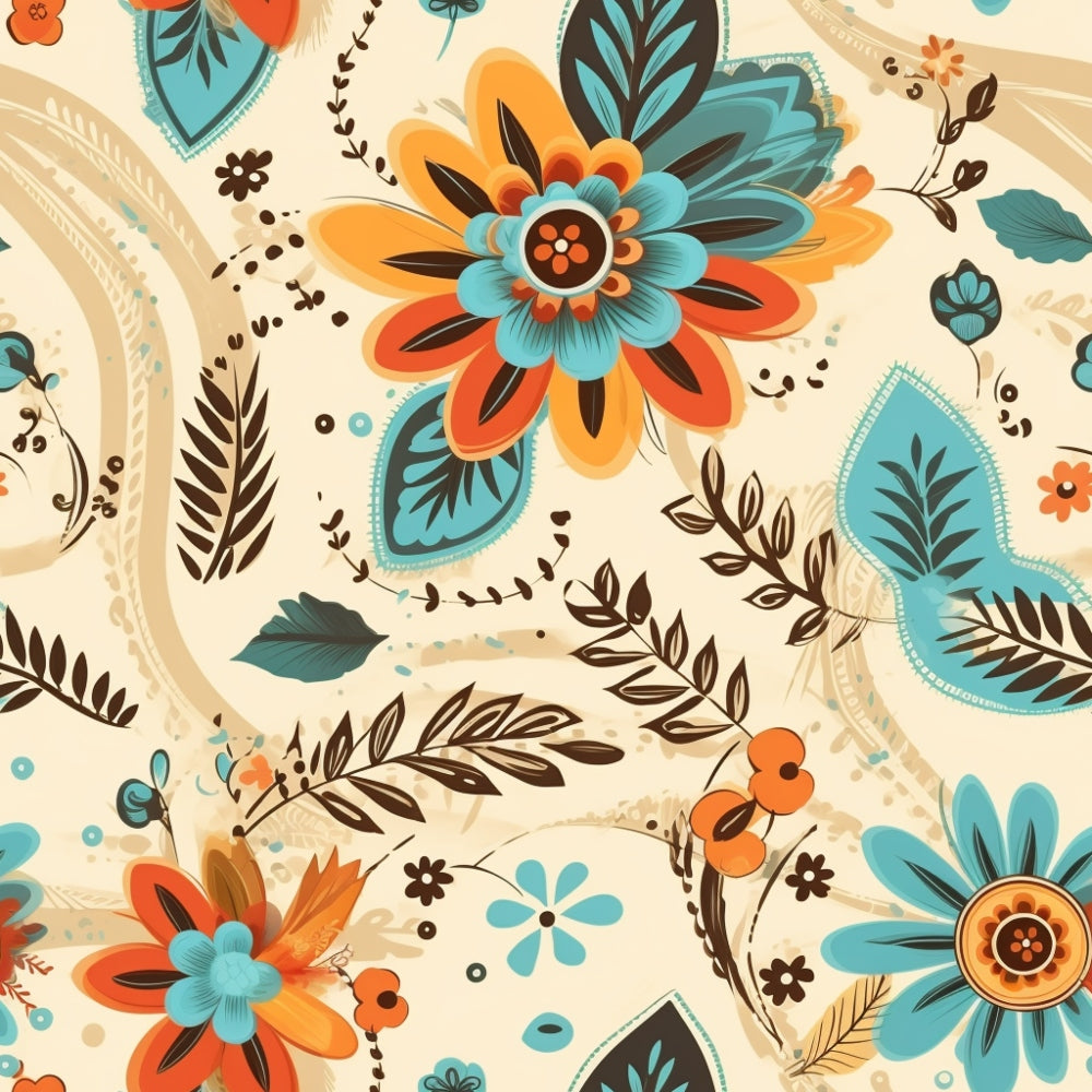 teal, orange, cream, brown, boho flowers, paisley, decorative leaves, folk art, whimsical blooms, stylized florals,, fabric panel, bohemian style, retro patterns, vintage inspired, warm colors, floral motifs, artistic design, crafting fabric