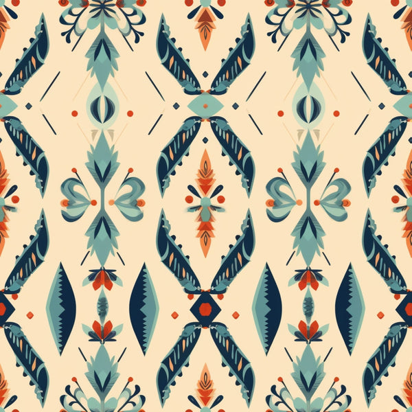 cream background, teal blue, coral orange, navy blue, sage green, boho pattern, geometric motifs, feather designs, floral elements, diamond shapes, symmetrical design, tribal inspired, bohemian style,, fabric panel, decorative flourishes, folk art, ornate details, repeating pattern, artistic motifs